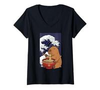 Femme Drôle Capybara Mangeant des Nouilles Ramen japonaises Amant T-Shirt avec Col en V