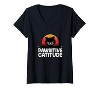 Femme Drôle Chat Chaton Jeu de mots Pawsitive Catitude Chat Amant T-Shirt avec Col en V