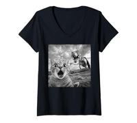 Femme Drôle Chat Dinosaure Selfie Meme | Chat Choqué Vs T Rex T-Shirt avec Col en V