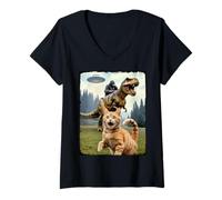 Femme Drôle Chat Gorilla Dinosaure UFO Meme Scène Humour Absurde T-Shirt avec Col en V