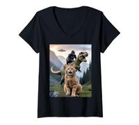 Femme Drôle Chat Gorilla Dinosaure UFO Meme Scène Humour Absurde T-Shirt avec Col en V