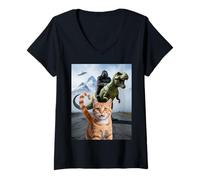 Femme Drôle Chat Gorilla Dinosaure UFO Meme Scène Humour Absurde T-Shirt avec Col en V