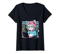 Femme Drôle Chat Programmateur Codage Ordinateur Portable Hacker Esthétique T-Shirt avec Col en V
