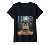 Femme Drôle Chat Selfie Araignée Géante Rencontre UFO Forêt T-Shirt avec Col en V