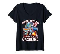 Femme Drôle Chrome, Guts and Essence Hotrod Car Cartoon Design T-Shirt avec Col en V