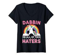Femme Drôle Dabbing Unicorn Rainbow Meme T-Shirt avec Col en V