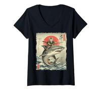 Femme Drôle de Chat chevauchant Un Requin Japonais Ukiyo-e Art Samouraï T-Shirt avec Col en V