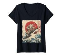 Femme Drôle de Chat chevauchant Un Requin Japonais Ukiyo-e Art Samouraï T-Shirt avec Col en V