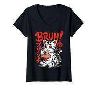 Femme Drôle de Chat Ramen Japonais Bruh! Tatouage Kawaii Anime Chat T-Shirt avec Col en V