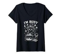 Femme Drôle de chat sorcier, chaudron mystique Wicca avec inscription « I'm Busy » T-Shirt avec Col en V