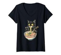 Femme Drôle de Choc Mangeant Un Chat Ramen Tenant Un téléphone Intelligent Japonais T-Shirt avec Col en V
