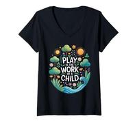 Femme Drôle de Dicton Play is The Work of a Child Nature Scene Love T-Shirt avec Col en V
