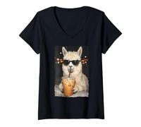 Femme Drôle de Lama alpaga Buvant du café glacé Meme drôle T-Shirt avec Col en V