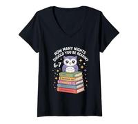 Femme Drôle de Lecture en Disant Combien de Nuits Chouette Mignonne T-Shirt avec Col en V