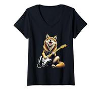 Femme Drôle de Loup Jouant de la Guitare électrique Animal Amateur de Musique T-Shirt avec Col en V