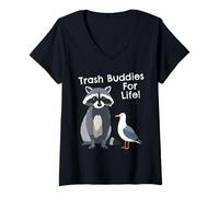 Femme Drôle de Raccoon Pigeon Trash Buddies Bandits Graphic T-Shirt avec Col en V