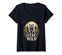 Femme Drôle de Raton Laveur « Stay Wild » avec Inscription en Anglais T-Shirt avec Col en V
