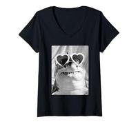 Femme Drôle de Requin avec des cœurs Lunettes de Soleil Mignon Animal Marin Meme T-Shirt avec Col en V