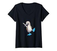 Femme Drôle d'oiseau Dansant Booby à Pieds Bleus Booby Bleu T-Shirt avec Col en V