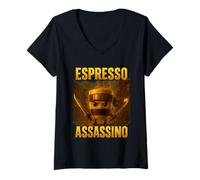 Femme Drôle Espresso Assassin Café Ninja Samouraï T Shirt T-Shirt avec Col en V