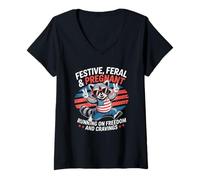 Femme Drôle Festif Sauvage et Enceinte Courant sur Freedom Raton Laveur T-Shirt avec Col en V