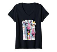 Femme Drôle Girafe Peace Graffiti Pop Personnage Graphique Visage Art Visage T-Shirt avec Col en V