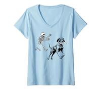Femme drôle Grand Dane Courir Squelette Halloween T-Shirt avec Col en V