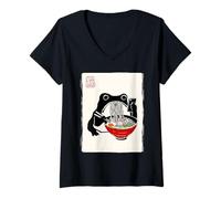 Femme Drôle Grincheux Grenouille Ramen Sumi-e Kawaii Peinture à l'encre Japonaise T-Shirt avec Col en V
