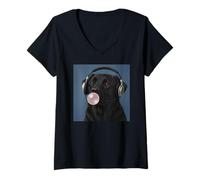 Femme Drôle Labrador Noir Amateur de Musique Bubblegum Maman Papa Enfants T-Shirt avec Col en V