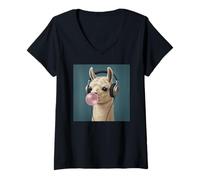 Femme Drôle Lama Music Lover Bubblegum Zoo Garçons Filles Enfants T-Shirt avec Col en V