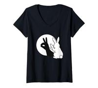 Femme Drôle Lapin Main Ombre marionnette Pop Art T-Shirt avec Col en V