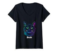 Femme Drôle Meme disant Bruh avec chat Salutations Adolescents Garçons Hommes T-Shirt avec Col en V