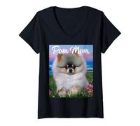 Femme Drôle Mignon Pompon Maman Chien Chiot poméranien Amusant T-Shirt avec Col en V