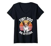 Femme Drôle Papillon Vintage Coucher de Soleil | Tiny Dog Big Attitude T-Shirt avec Col en V