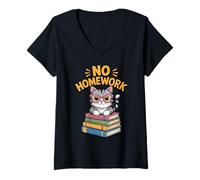 Femme Drôle Pas de devoirs Cat Premier Jour d'école T-Shirt avec Col en V