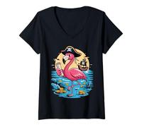 Femme Drôle Pirate Flamant Rose fête Oiseau Tropical Style T-Shirt avec Col en V