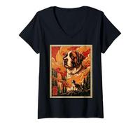 Femme Drôle Saint Bernard Meme Mignon Vintage Rétro Art Japonais T-Shirt avec Col en V