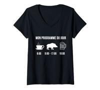 Femme Drôle Sanglier Chasse Hunter Chasseur PROGRAMME DU JOUR T-Shirt avec Col en V