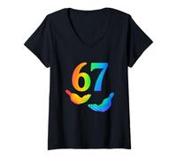 Femme Drôle Six Sept 6 7 Gen Alpha Argot 6 7 Mains Arc-en-Ciel T-Shirt avec Col en V