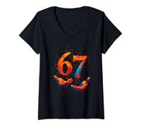 Femme Drôle Six Sept 6 7 Gen Alpha Mains Splash Drip Effet T-Shirt avec Col en V