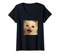 Femme Drôle Surprise Chat Blanc Flou Photo Meme T-Shirt avec Col en V