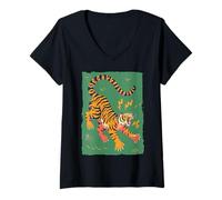 Femme Drôle Tigre Rétro Dessin animé Vintage Dingo 70s Art T-Shirt avec Col en V