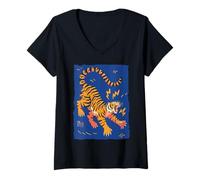 Femme Drôle Tigre Rétro Dessin animé Vintage Dingo 70s Art T-Shirt avec Col en V