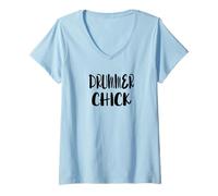 Femme Drummer Chick - Groupe de batterie Rock Country Jazz indie Blues T-Shirt avec Col en V