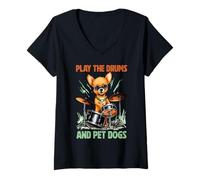 Femme Drummer Dog Play The Drums Pet Dog Drumming Drums Percussion T-Shirt avec Col en V
