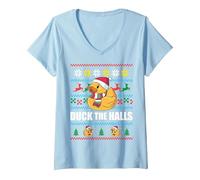 Femme Duck The Halls Pull de Noël Moche Père Noël Humoristique Meme T-Shirt avec Col en V, Bleu Céleste, M