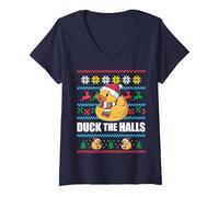 Femme Duck The Halls Pull de Noël Moche Père Noël Humoristique Meme T-Shirt avec Col en V, Bleu Marine, XXL