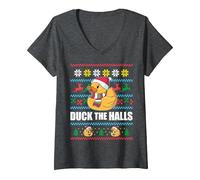 Femme Duck The Halls Pull de Noël Moche Père Noël Humoristique Meme T-Shirt avec Col en V, Chiné Foncé, XL