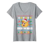 Femme Duck The Halls Pull de Noël Moche Père Noël Humoristique Meme T-Shirt avec Col en V, Gris Chiné, L