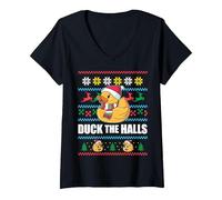 Femme Duck The Halls Pull de Noël Moche Père Noël Humoristique Meme T-Shirt avec Col en V, Noir, XL